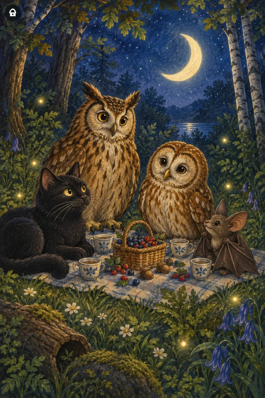 Lazy Paint: Gatto nero, gufo, allocco e pipistrello fanno un picnic al chiaro di luna.