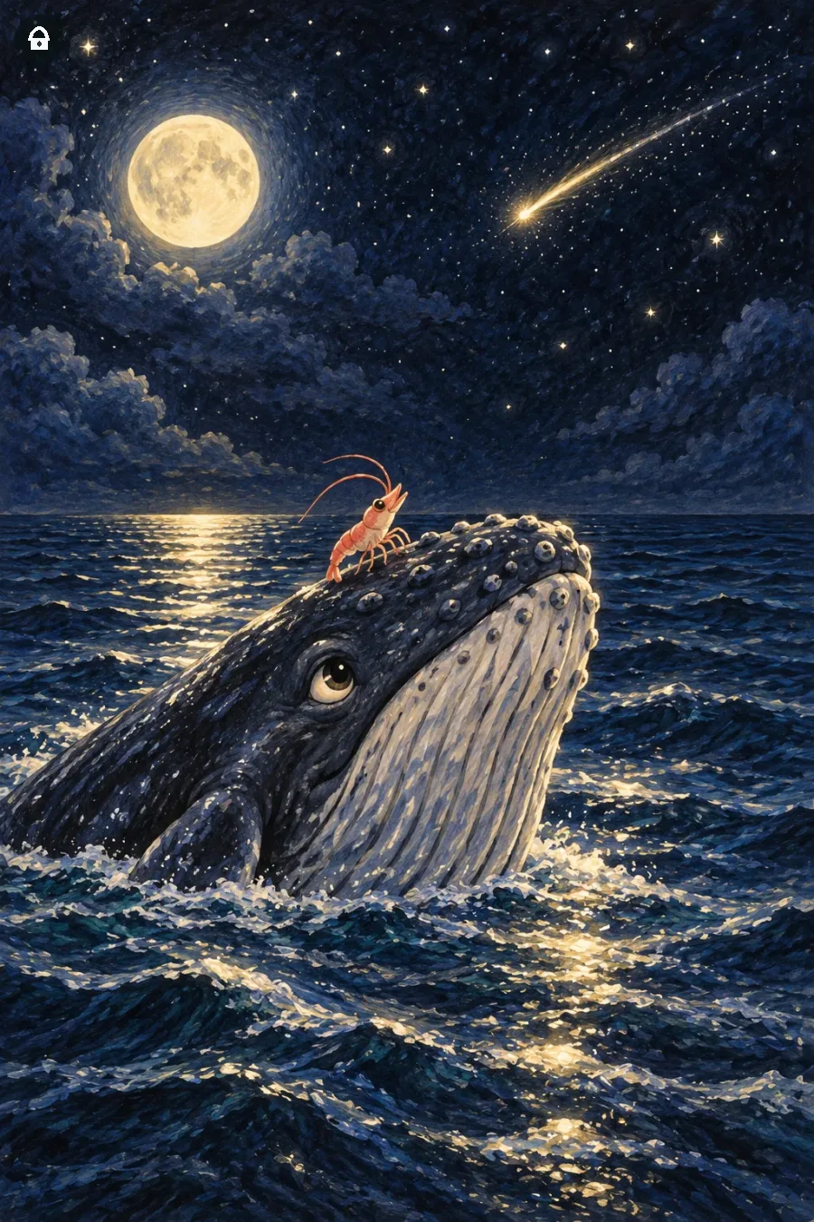 Lazy Paint: Un gamberetto sulla testa di una megattera contempla una stella cadente sull&rsquo;oceano.