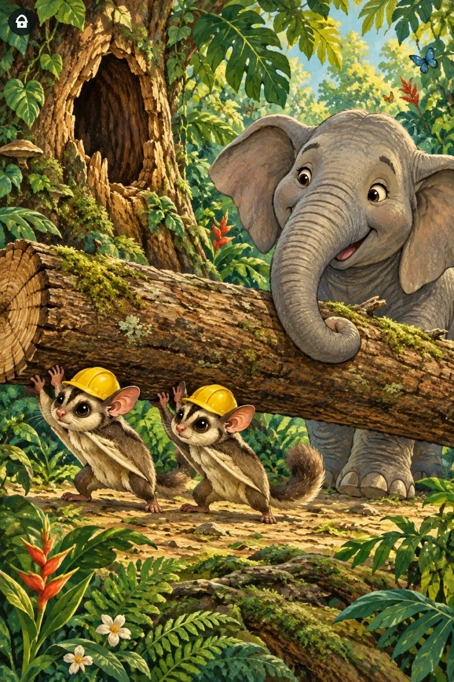 Lazy Paint: Due petauri con il caschetto trasportano un tronco aiutati di nascosto da un elefante.