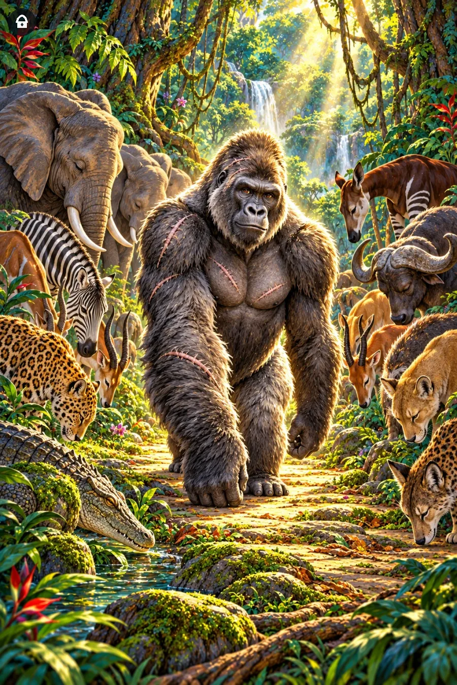 Lazy Paint: Un gorilla segnato da vecchie cicatrici cammina mentre gli animali chinano il capo.