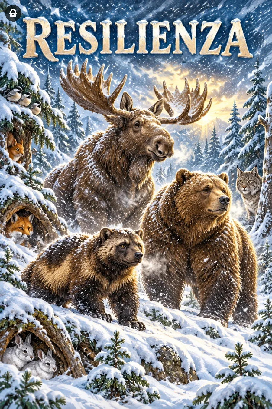 Lazy Paint: Ghiottone, alce e orso bruno restano nella bufera mentre gli altri animali cercano riparo.