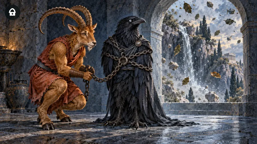 Sisifo rappresentato come stambecco incatena Thanatos, raffigurato come un grande corvo