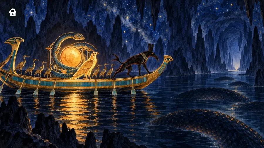 La barca di Ra entra nella Duat mentre Seth osserva le spire di Apopi nell’acqua