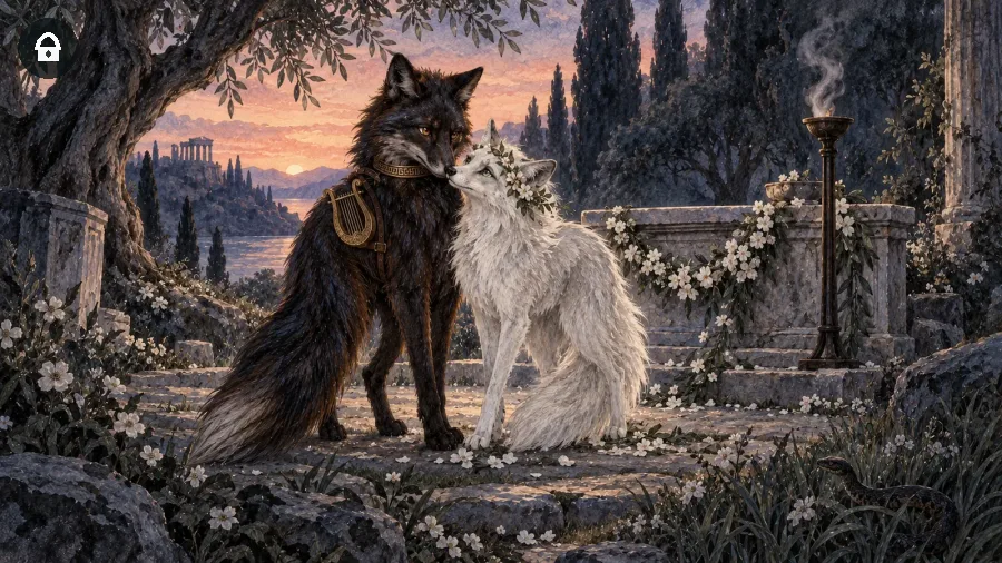 Orfeo ed Euridice in forma animale durante nozze segnate da una torcia fumante e da un serpente nell’erba