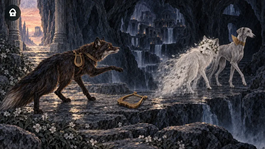 Euridice in forma di volpe torna verso l’Ade mentre Orfeo tende una zampa ed Ermes la accompagna