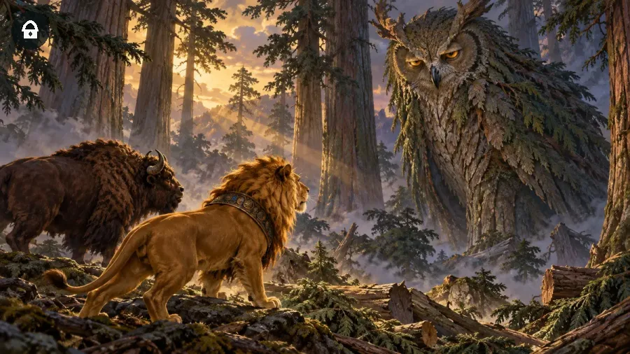 Gilgamesh in forma di leone ed Enkidu in forma di bisonte affrontano Humbaba, gufo guardiano della Foresta dei Cedri