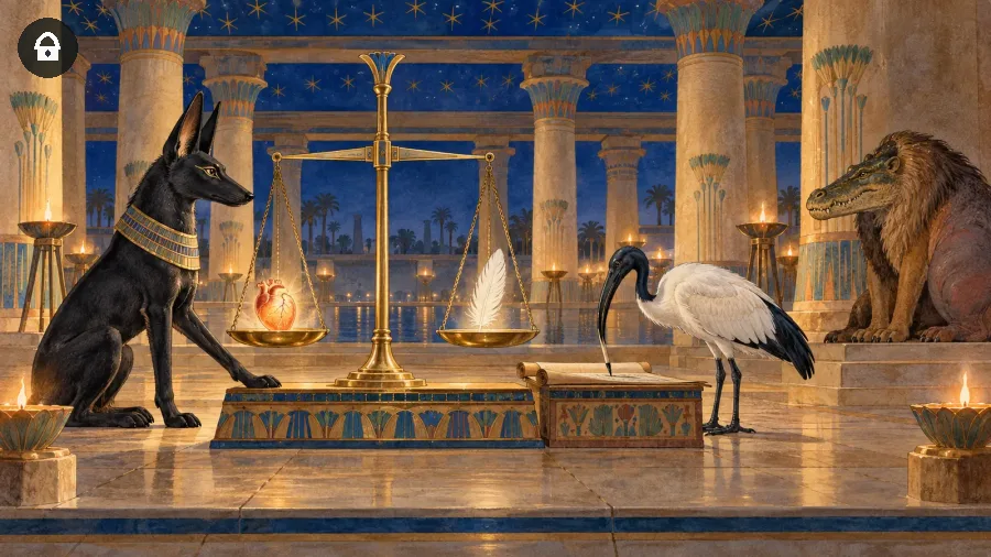 Pesatura dell’anima egizia con Anubi sciacallo che regola la bilancia e Thot ibis che registra il risultato