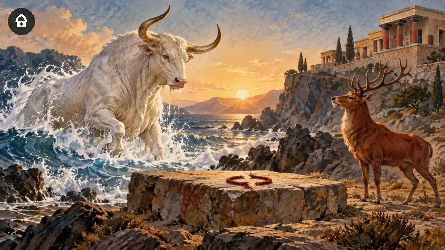 Toro bianco emerso dal mare davanti a un cervo incoronato sulla costa di Creta