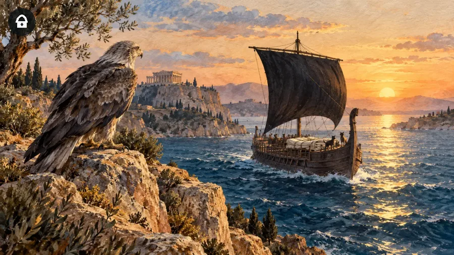 Nave con vela nera davanti alla costa mentre una vecchia aquila marina attende sulla scogliera