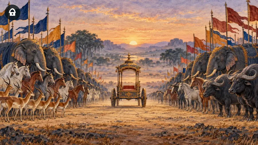 Bhagavad Gita reinterpretata con due schiere di elefanti e bisonti separate da un carro vuoto sul campo di Kurukshetra