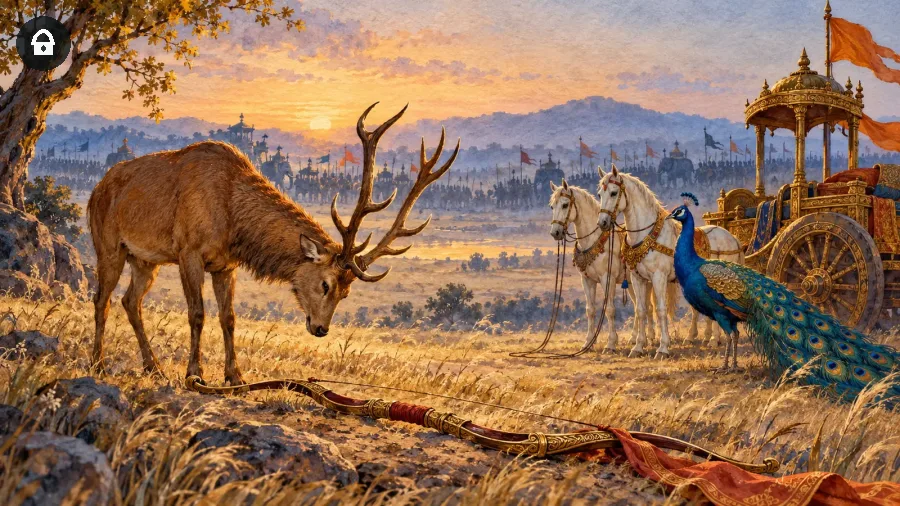 Bhagavad Gita reinterpretata con un cervo che osserva un arco deposto e un pavone blu accanto alle redini del carro