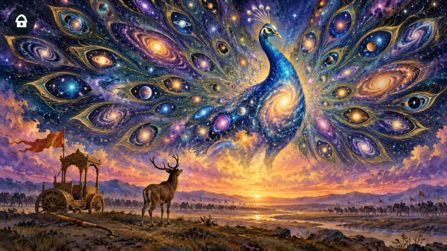 Bhagavad Gita e Vishvarupa reinterpretati come un pavone cosmico formato da stelle davanti a un cervo sul campo silenzioso