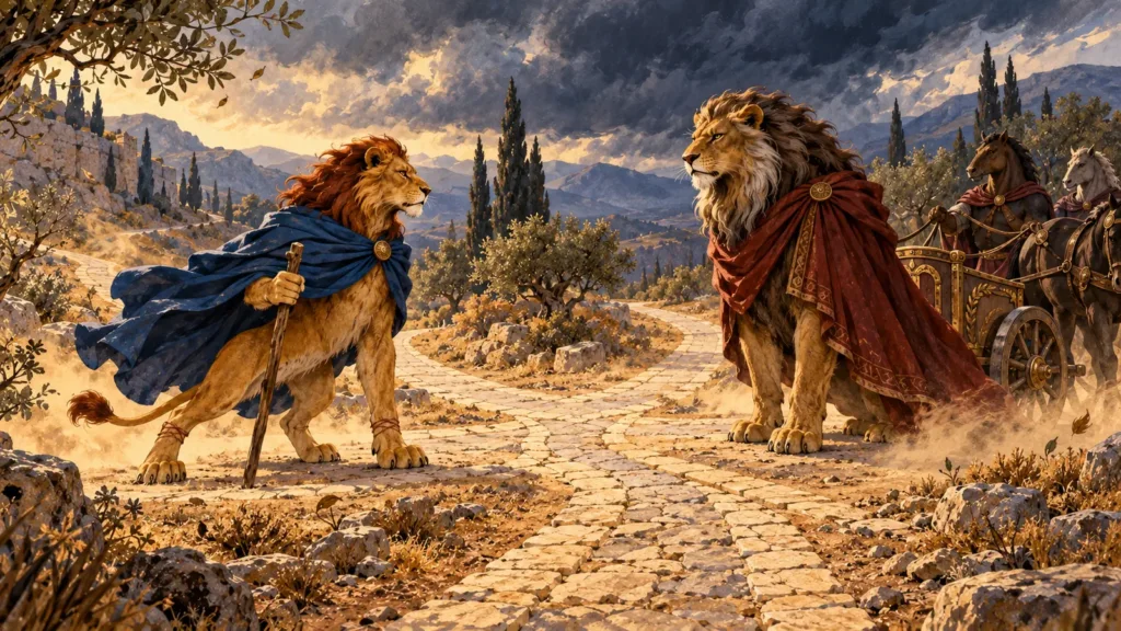 Giovane leone e vecchio re leone si affrontano dove tre strade greche s&rsquo;incontrano sotto un cielo di tempesta