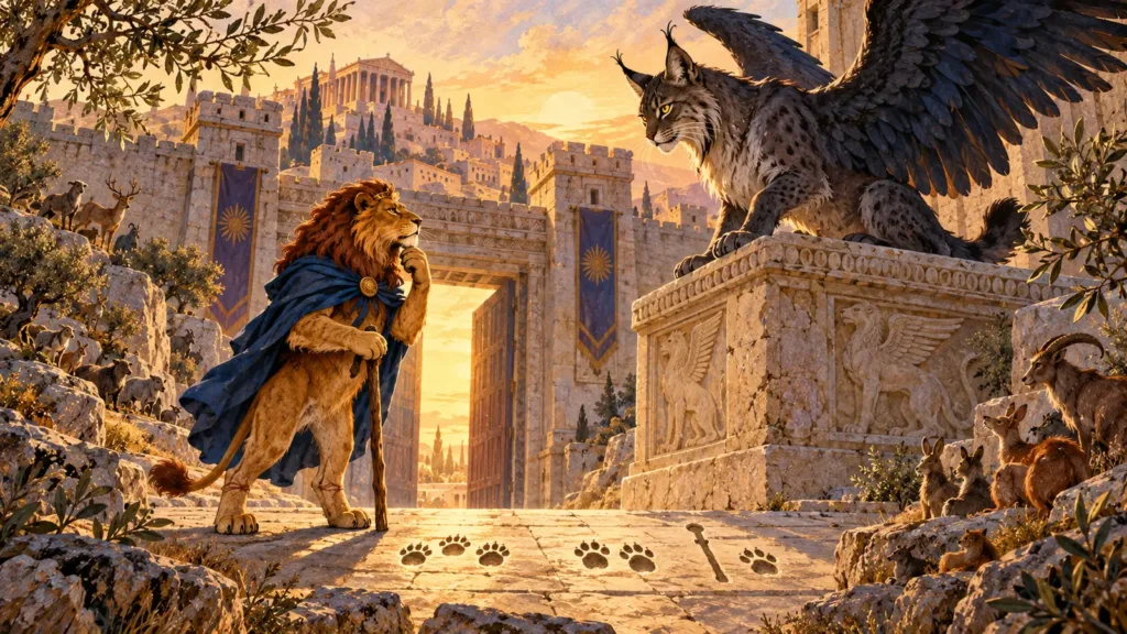 Leone viaggiatore davanti a una grande Sfinge felina alata presso le porte di Tebe