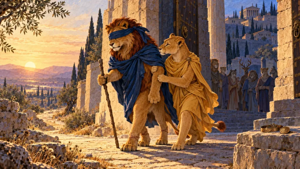 Leone bendato lascia la corona davanti alle porte di Tebe mentre una giovane leonessa lo accompagna verso l&rsquo;alba