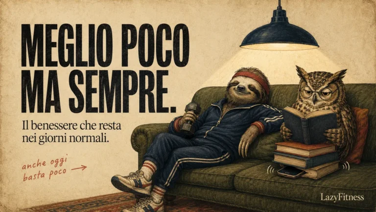 Illustrazione LazyFitness con bradipo vestito da palestra e gufo che legge sul divano ignorando un telefono sotto i libri