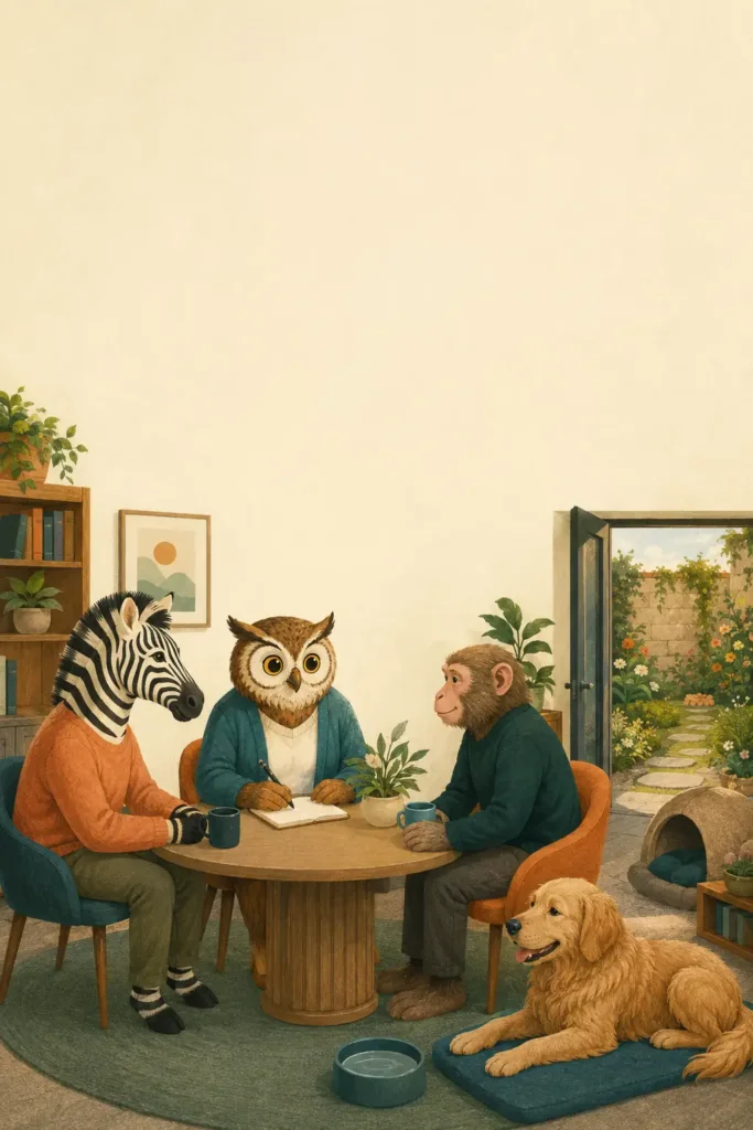 Pet therapy: zebra, gufo, macaco e cane illustrano un intervento rispettoso del benessere animale.