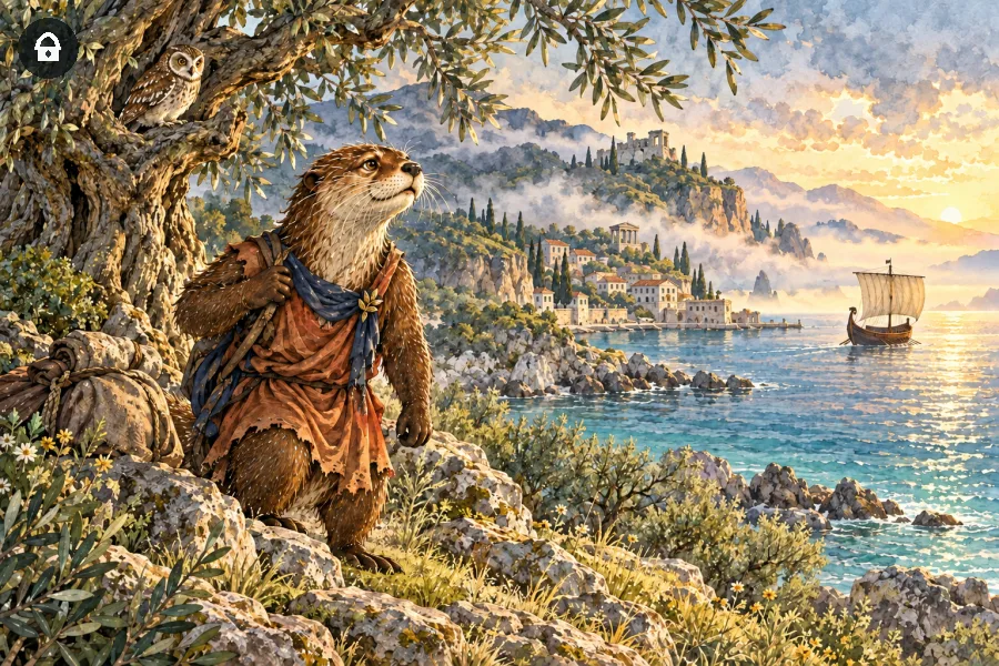 Ulisse lontra marina sulla costa di Itaca con una civetta simbolica - anteprima
