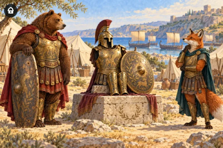 Armi di Achille fra Aiace rappresentato da un orso e Ulisse rappresentato da una volpe