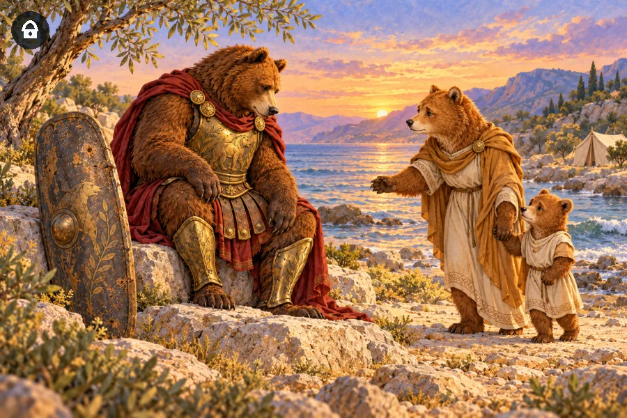 Aiace orso siede sulla riva accanto allo scudo, mentre Tecmessa e il piccolo Eurisace gli si avvicinano - anteprima