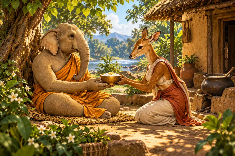 Siddhartha Gautama, reinterpretato come elefante, riceve il riso al latte da Sujata cerva