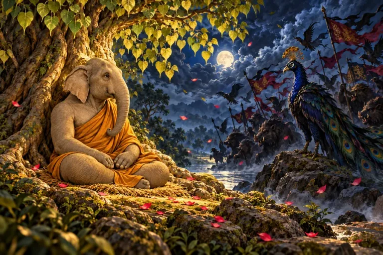 Siddhartha Gautama elefante resta seduto sotto la Bodhi mentre Mara pavone guida la tempesta