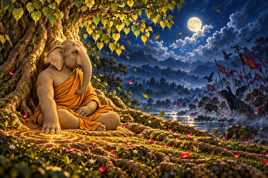 Siddhartha Gautama elefante tocca la terra con la mano destra sotto l&rsquo;albero della Bodhi