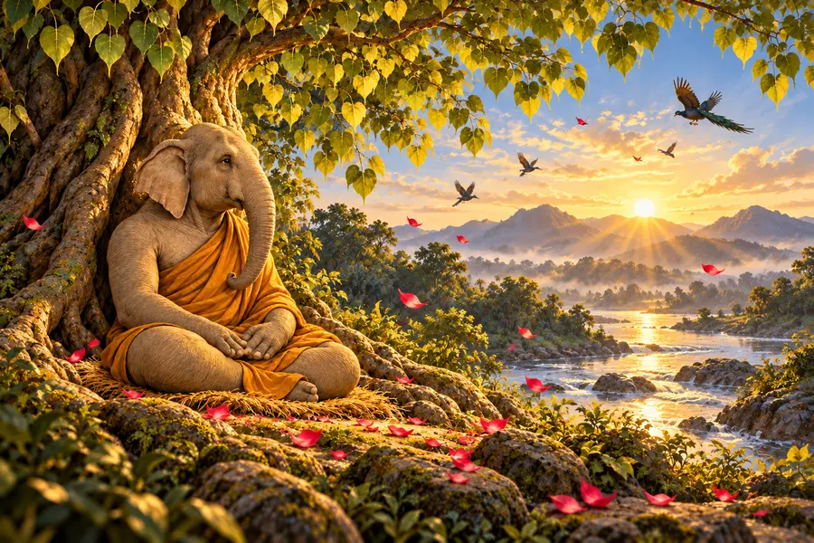 Siddhartha Gautama elefante siede sereno sotto la Bodhi alla luce dell&rsquo;alba